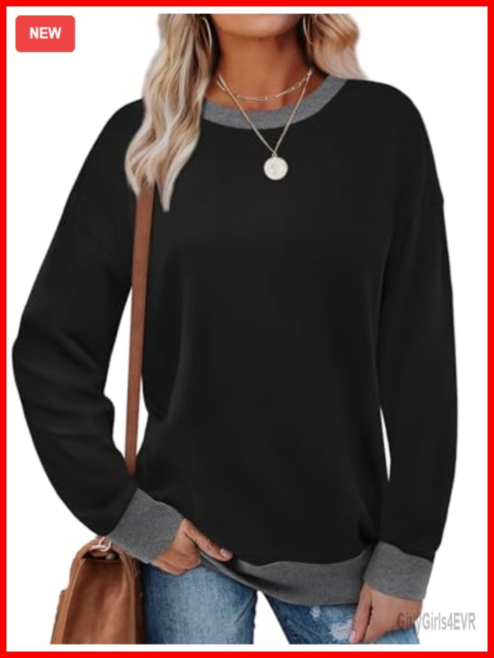 Saloogoe Womens Crewneck Sweatshirt Long Sleeve Loose Fit Color Block Ribbed